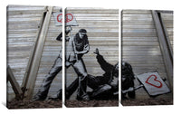 a wall with a painting of a man holding a flag