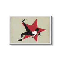 a painting of a man kicking a soccer ball
