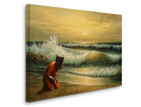 a painting of a person kneeling on a beach