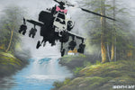 a painting of a helicopter flying over a waterfall