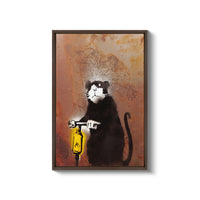a painting of a black and white cat holding a yellow fire extinguisher