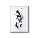 a black and white photo of a person wearing a hoodie