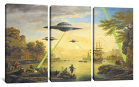 three paintings of people and a boat in a body of water