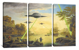 three paintings of people and a boat in a body of water