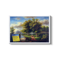 a painting of a landscape with a river and trees