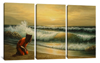 a painting of a person kneeling on a beach