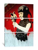 a painting of a woman holding a hair dryer