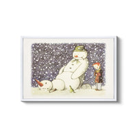 a picture of a snowman and a child in the snow