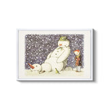a picture of a snowman and a child in the snow
