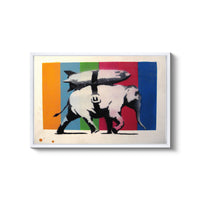 a painting of two elephants carrying surfboards on their backs