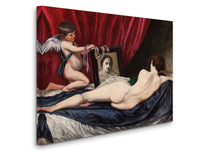 a painting of a woman laying on a bed next to a mirror