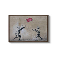 a painting of two children playing with a kite