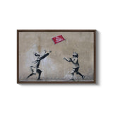 a painting of two children playing with a kite