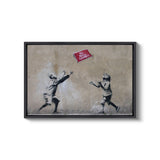 a painting of two children playing with a kite