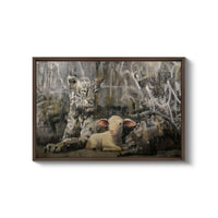 a painting of a sheep sitting in front of a wall