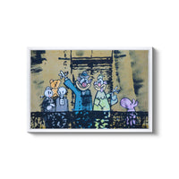 a painting of a group of people standing in front of a building