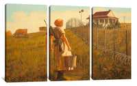 a painting of a woman holding a gun in a field