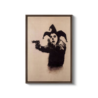 a painting of a man with a clown hat holding a gun