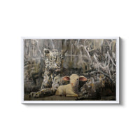 a painting of a sheep sitting in front of a tree