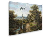 a painting of a street light in a wooded area