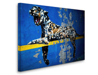 a painting of a leopard on a blue wall