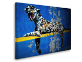 a painting of a leopard on a blue wall