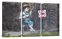 a painting of a man with a fishing rod on a brick wall