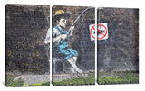 a painting of a man with a fishing rod on a brick wall