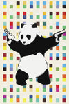 a panda bear holding a gun on a multicolored background