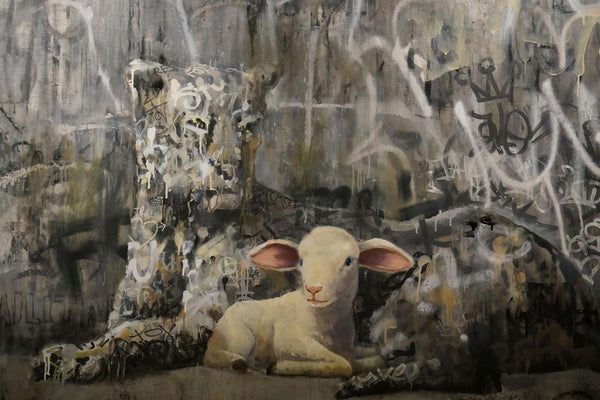a painting of a sheep sitting in front of a wall