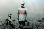 a painting of a man holding a bucket next to another man