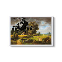 a painting of a helicopter flying over a rural landscape