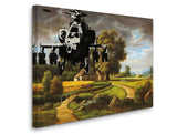 a painting of a helicopter flying over a farm