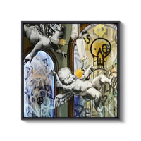 a painting of a man falling off a skateboard