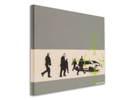 a picture of a group of people walking down a street