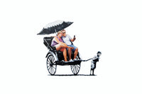 a drawing of a couple sitting on a horse drawn carriage