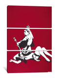 a painting of a woman on a red background
