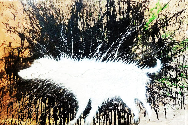 a painting of a white dog walking through a forest