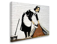 a painting of a woman with a shovel and a brick wall