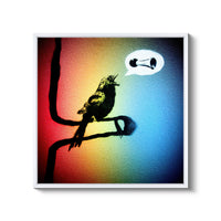 a bird sitting on a branch with a thought bubble above it