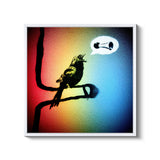 a bird sitting on a branch with a thought bubble above it