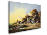 a painting of a village with a horse drawn carriage