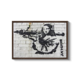 a painting of a woman with a gun on a brick wall