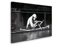 a black and white photo of a man in a boat