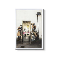 a group of men standing next to a street light