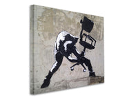 a black and white painting of a man sitting on a chair