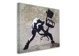 a black and white painting of a man sitting on a chair