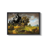 a painting of a helicopter flying over a rural landscape