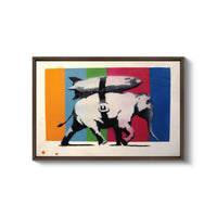 a painting of two elephants with a rainbow background