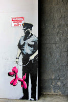 a painting of a man holding a pink poodle